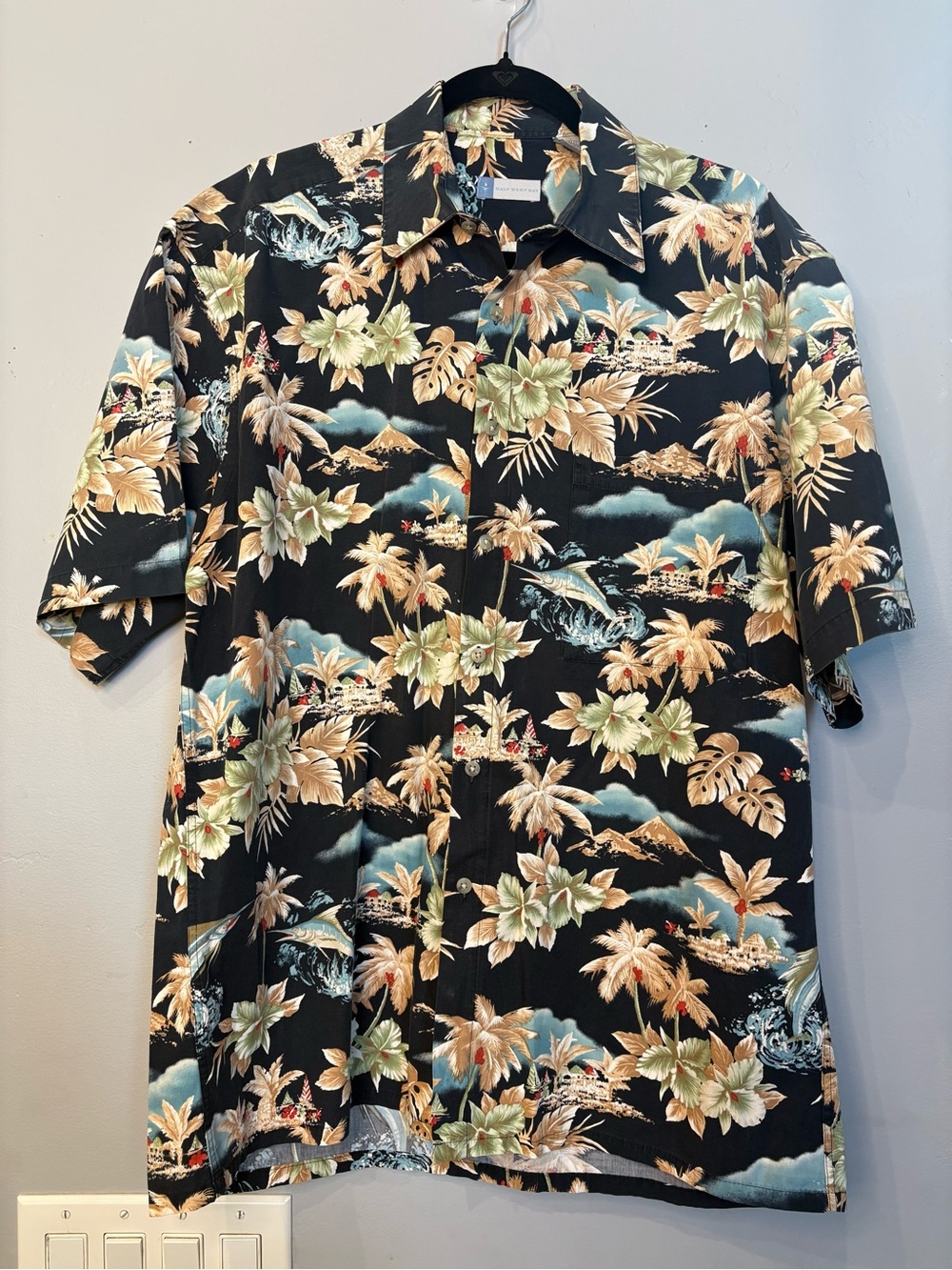 HALF MOON BAY Casual Black Tropical Floral Short-Sleeve Button-Down Shirt - L